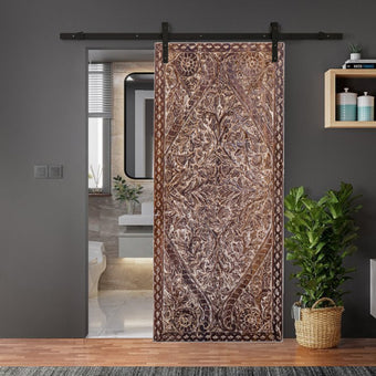 Lotus Pond Carved Wood Double Doors Headboard Sliding Barn Door 80x36